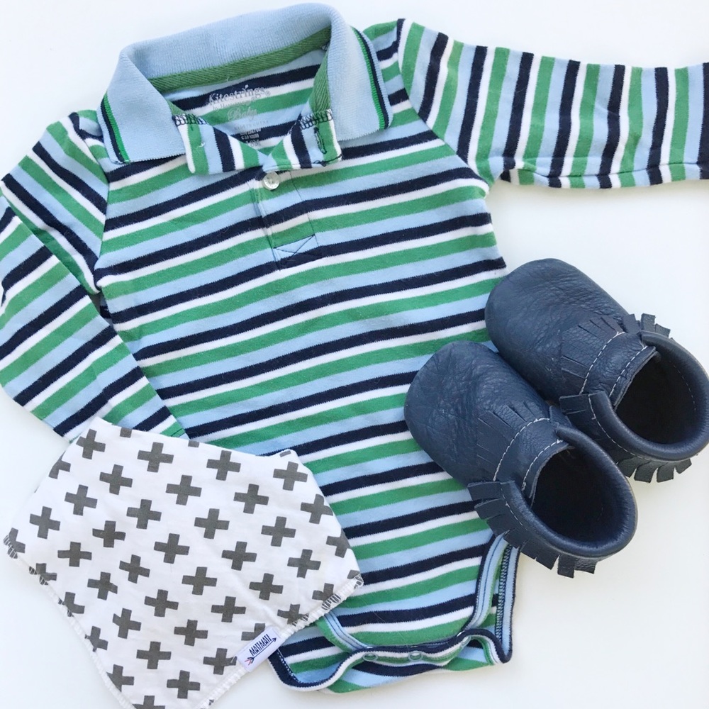 kitestrings | spring striped long sleeved polo bodysuit blue green 18mo
